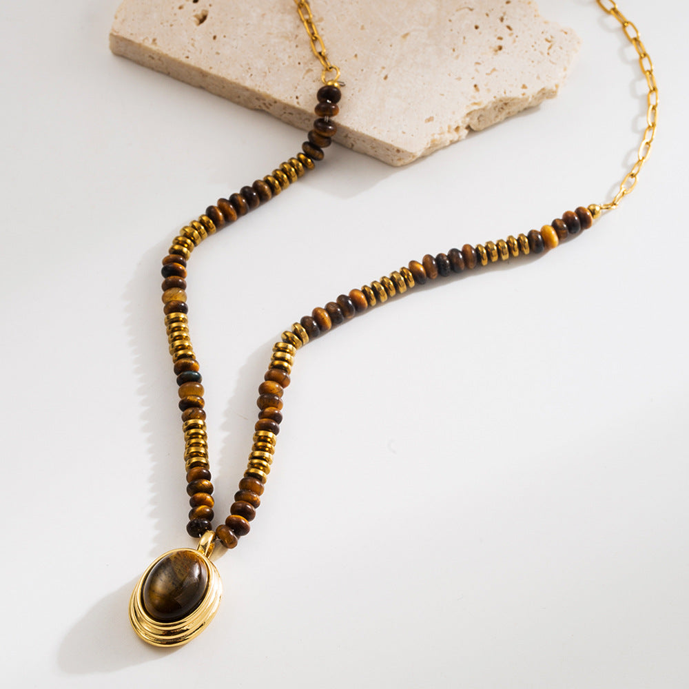 Wholesale Natural Tiger's Eye Niche Maillard Style Geometric Retro Titanium Steel Clavicle Necklace