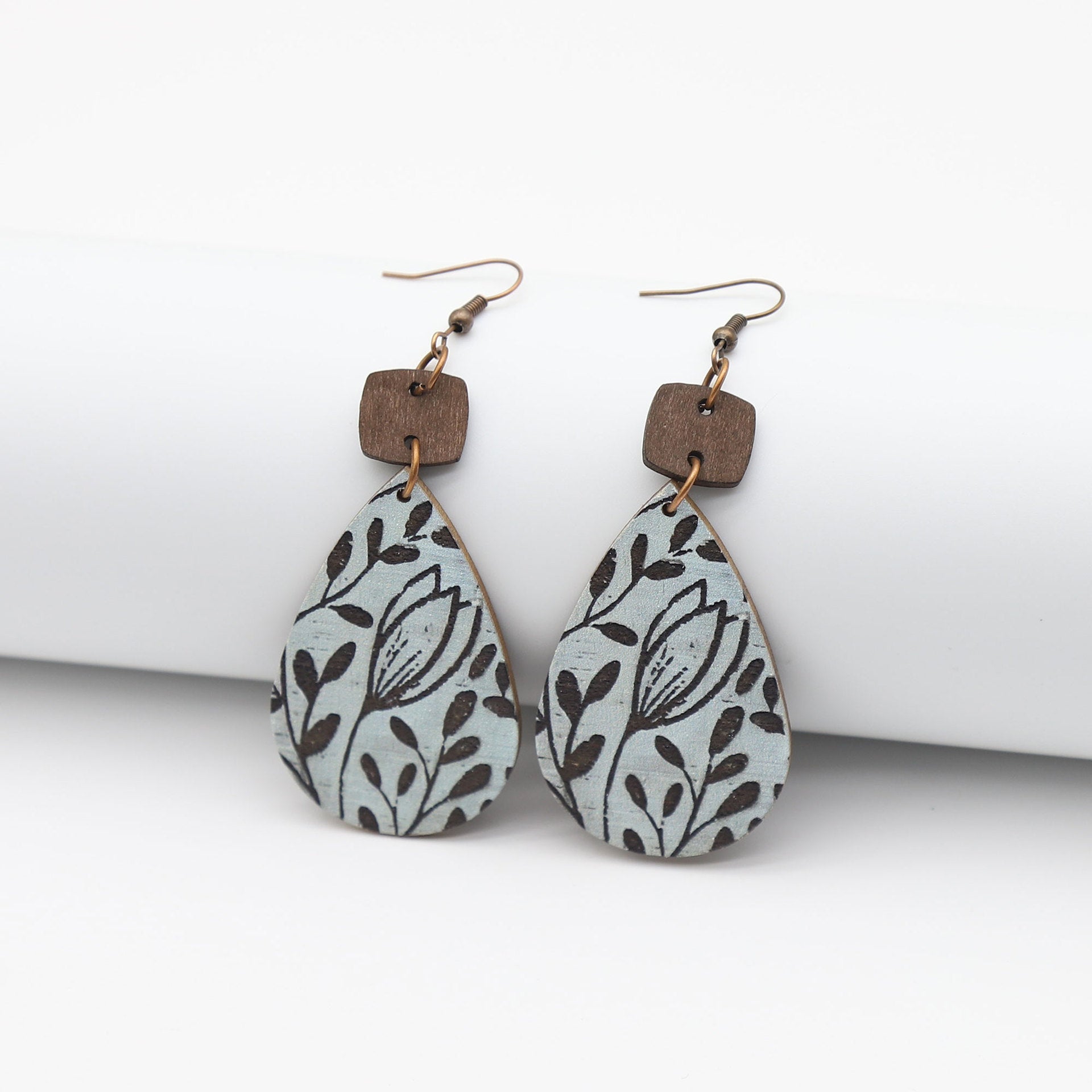 Wholesale Wind Drop Shape Wooden Frame Printing Color Texture  Earrings