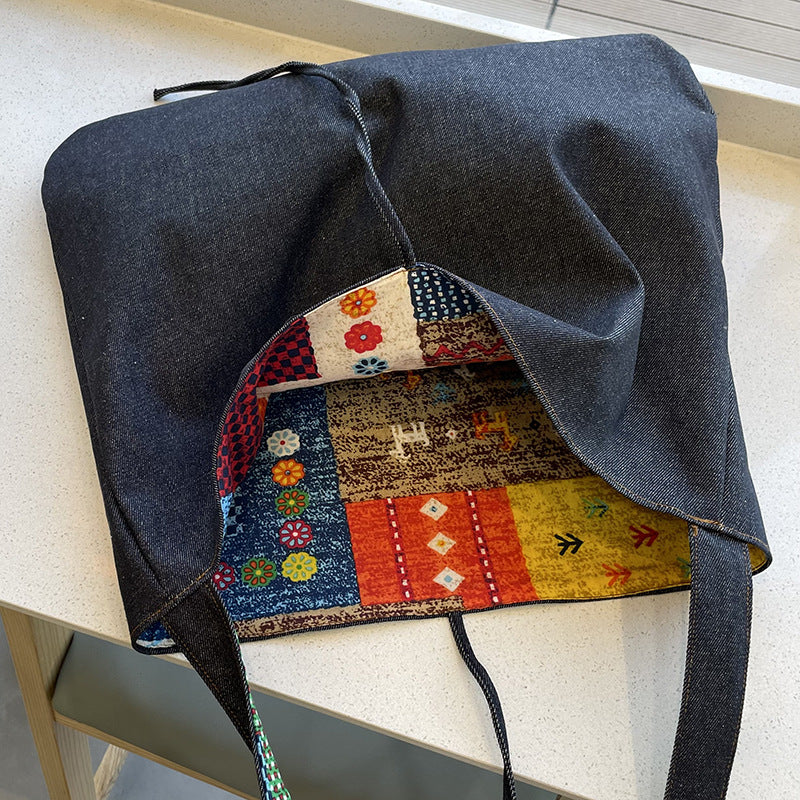 Wholesale Denim non-fading spring and summer ethnic style patchwork bag shoulder bag large capacity messenger bag double bag