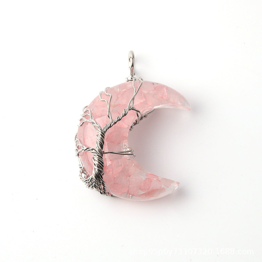 Wholesale Moon Wrap Tree of Life Gravel Pendant Resin Stainless Steel Chain Tooth Necklace