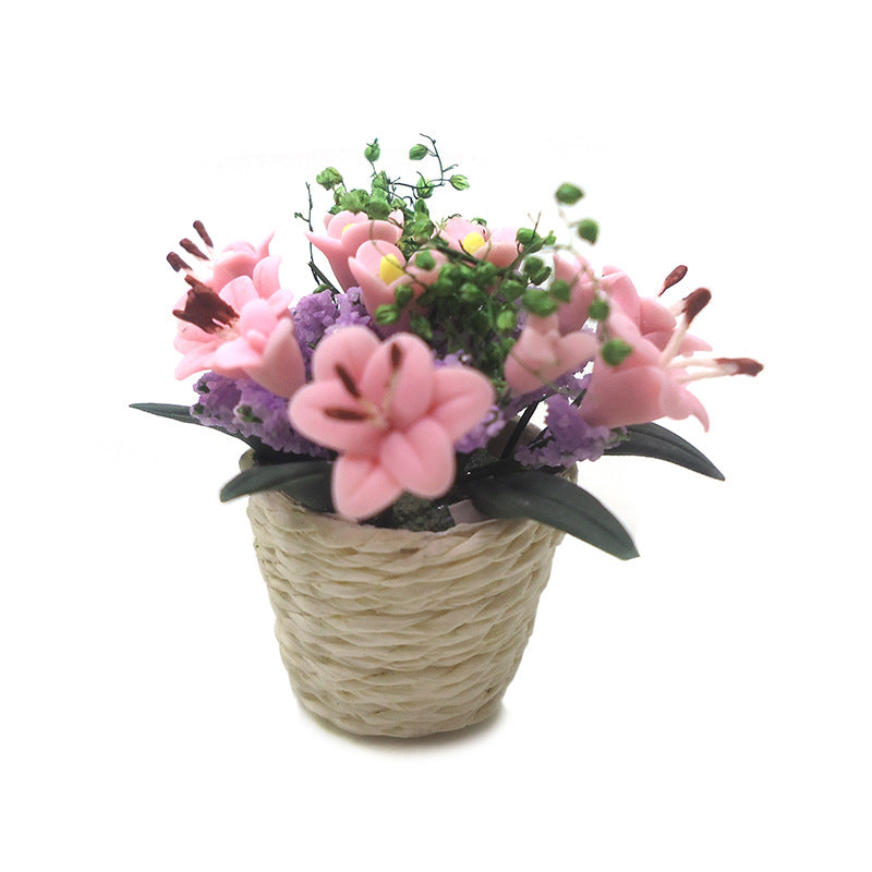 Wholesale 1:12 doll house accessories dollhouse mini clay flower plant potted white woven pot lily flower arrangement model