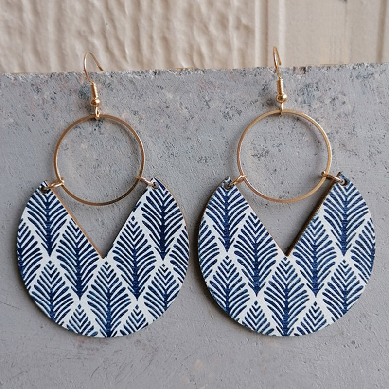 Wholesale Simple Fashion Blue Dyed Print Bohemian Geometric Stripes Stitching Earrings