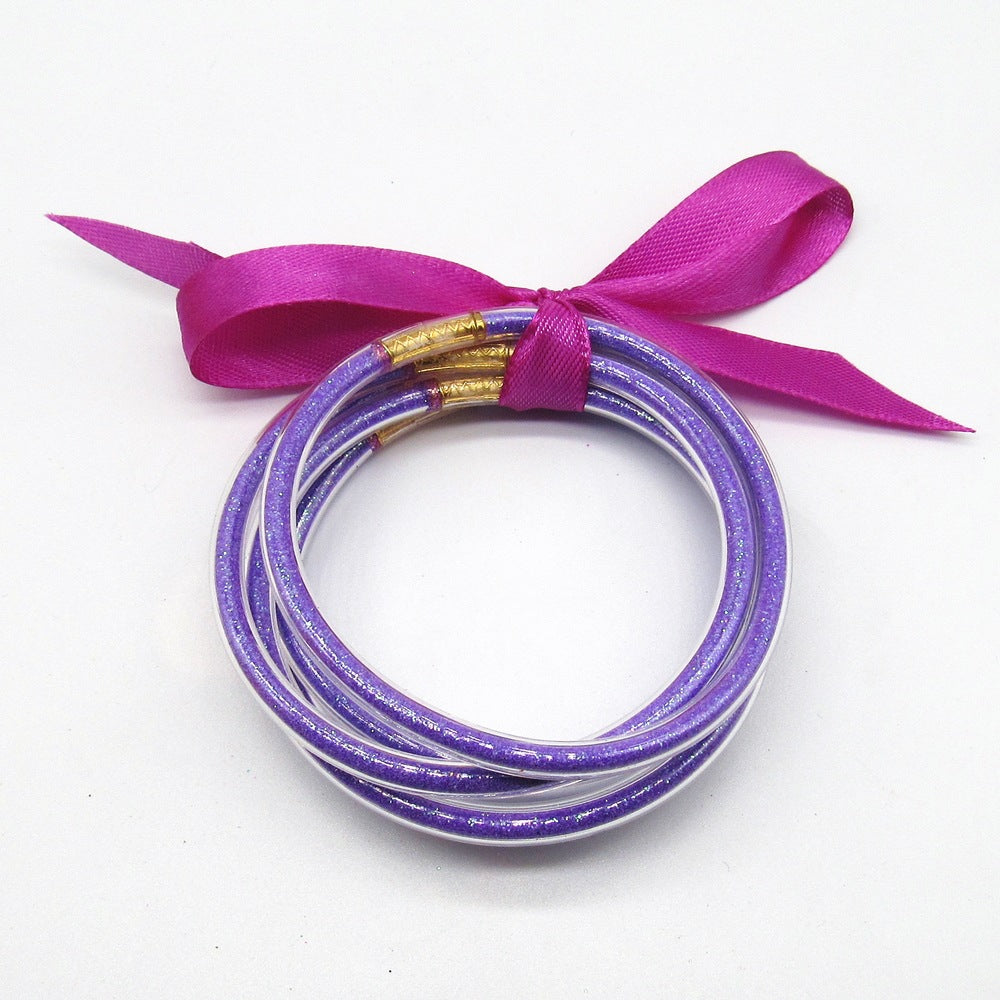 Wholesale Multi-layer silicone rainbow glitter bow bracelet
