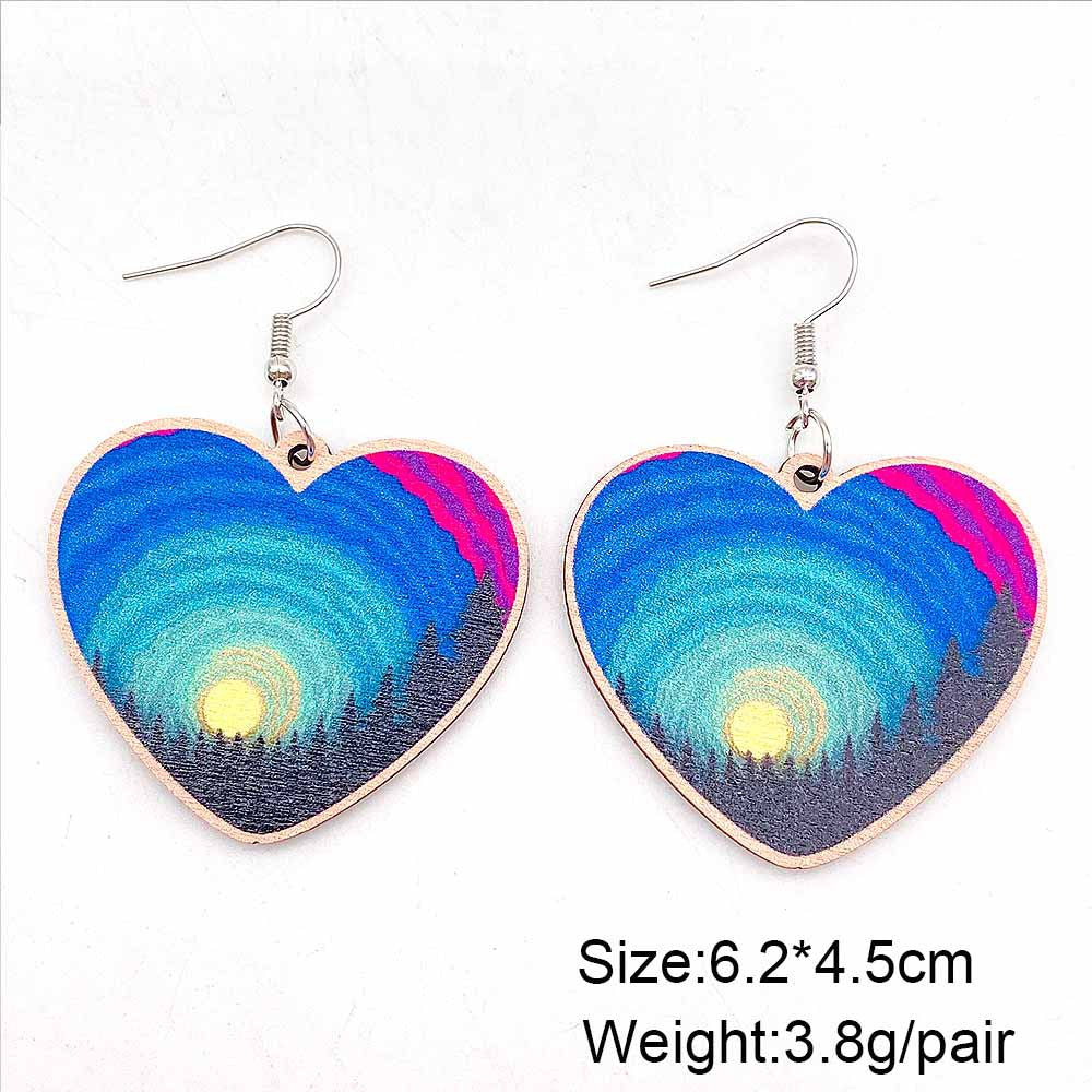 Wholesale Geometric Heart Western Scene Aurora Wooden Earrings