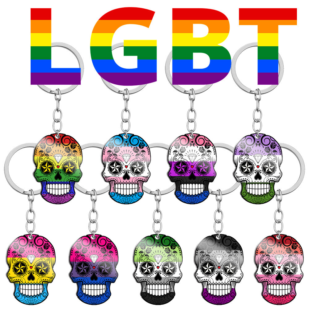 Wholesale 6 Color Rainbow Flag Color Printing Titanium Steel Skull Stainless Steel Keychains