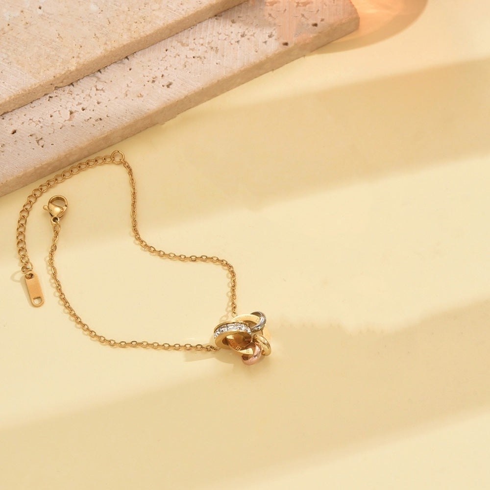 Wholesale Stainless steel gold double ring linked artificial zircon necklace  bracelet  and earrings