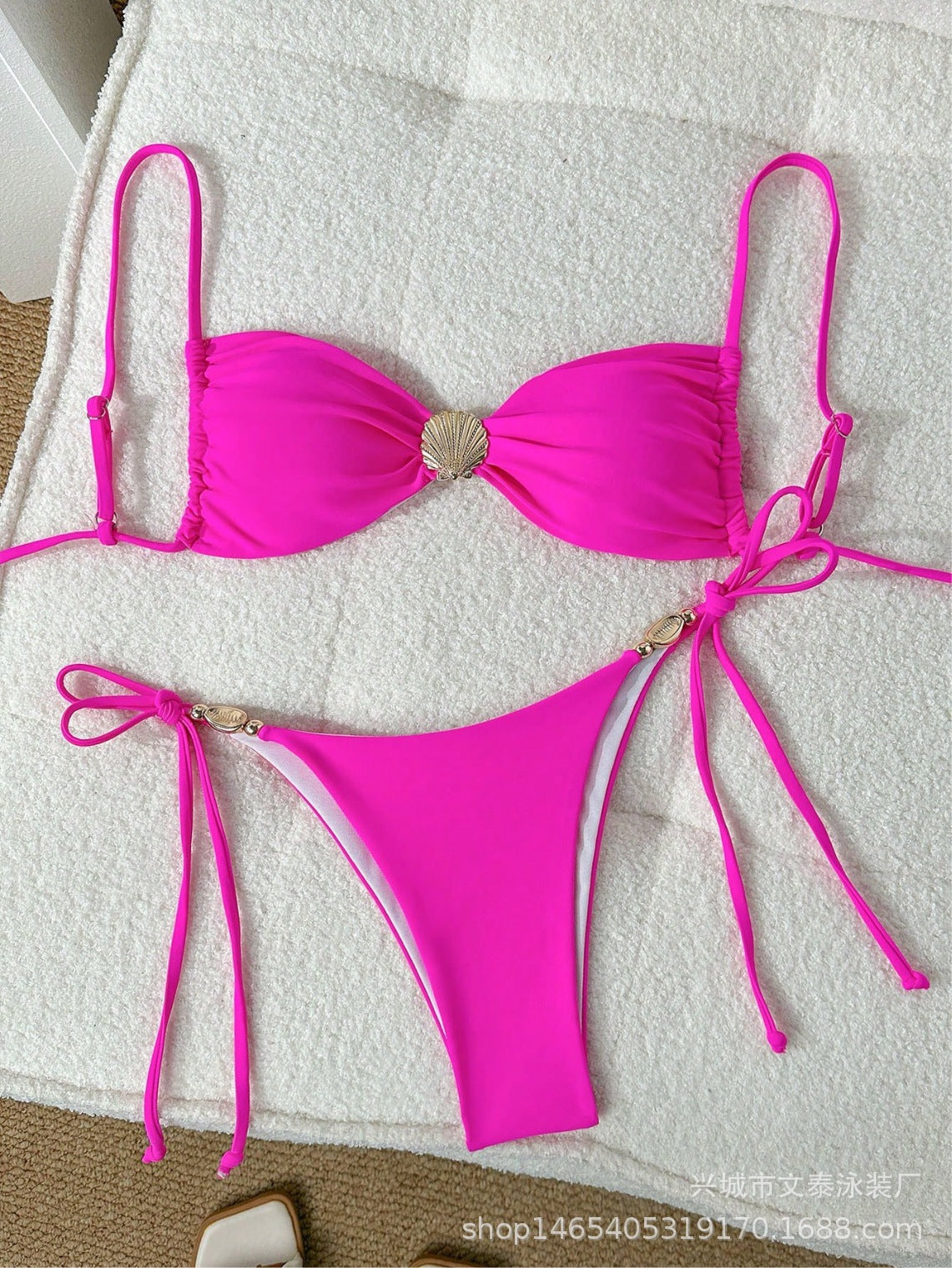 Wholesale Two-piece shell drawstring solid color swimsuit