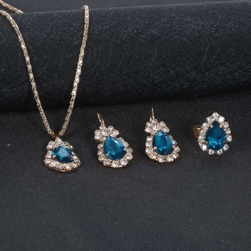 Wholesale Alloy Water Drop Full Diamond Necklace,  Earrings,  and Ring Set