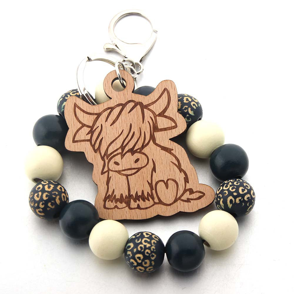Wholesale Wooden Beads Lips Print Cartoon Elephant Highland Cattle Wrist Keychain