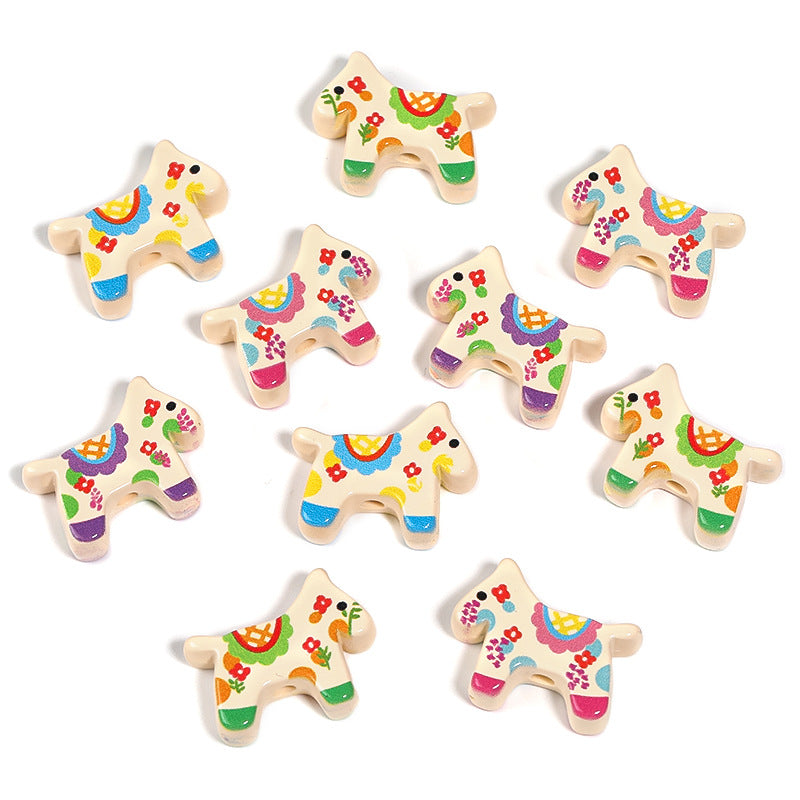 Wholesale 100pcs DIY Cute Cream Wooden Horse Acrylic Printed Vertical Hole Beads