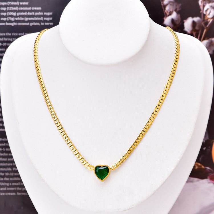 Wholesale European and American Fashionable White Zircon Love Necklace Titanium Steel Bracelet Simple and Versatile Girl Green Diamond Clavicle Chain Bracelet Heart Shape