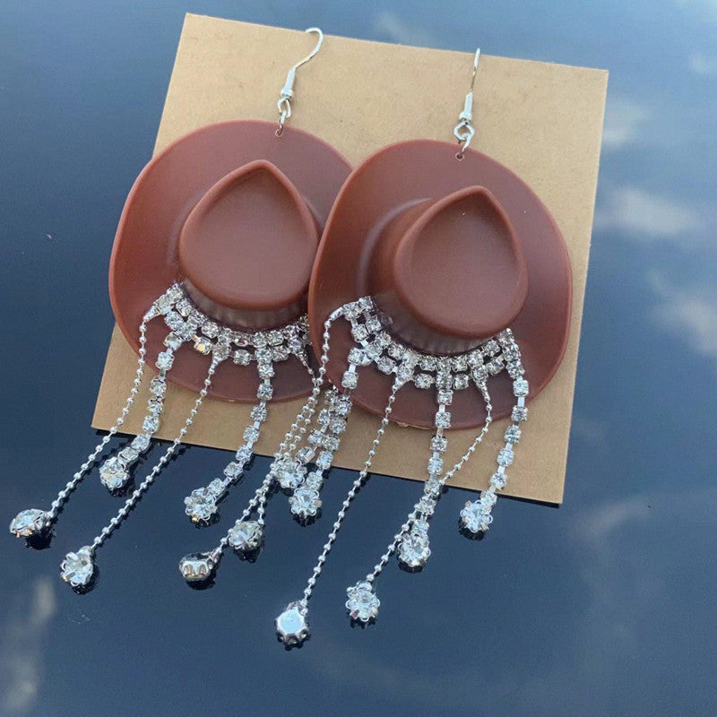Wholesale Western Style Cowboy Hat Shiny Tassel Earrings