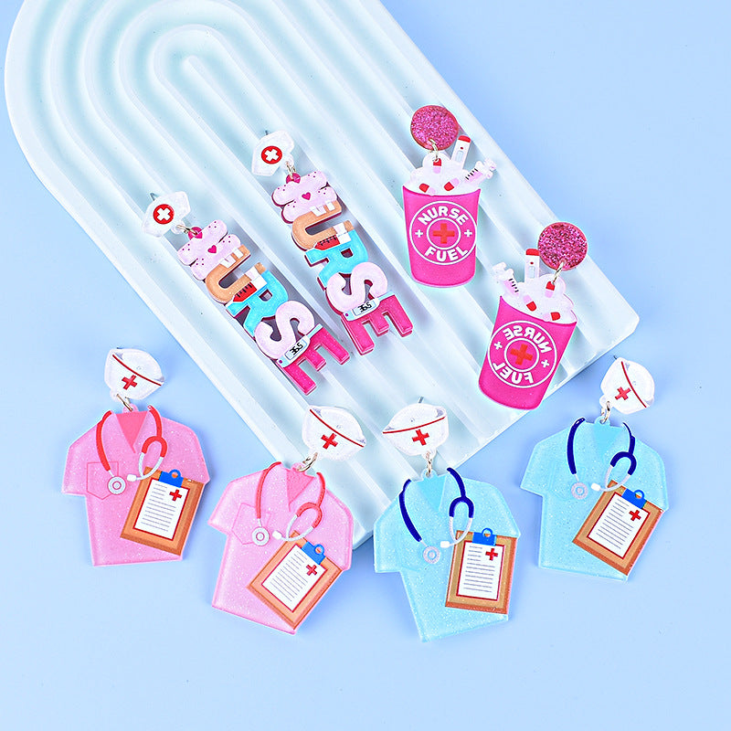 Wholesale Nurses' Day Pink Blue Nurse Uniform Nurse Cap Stethoscope Nurse Syringe Earrings