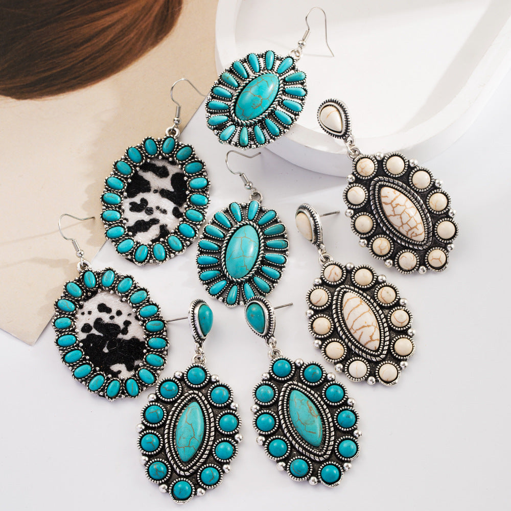 Wholesale Vintage Bohemian Turquoise Leather Exaggerated Earrings