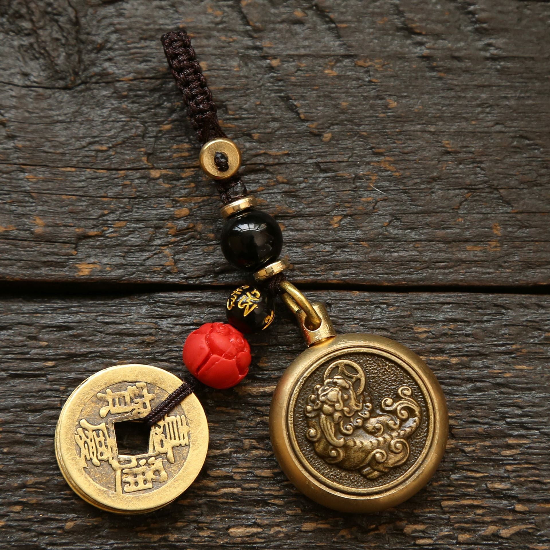 Wholesale Brass Pixiu Transfer to Five Emperors Money Weaving Rope Keychain