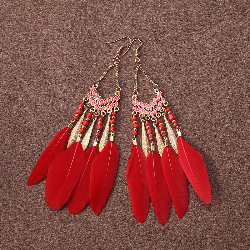 Wholesale Bohemian Feather Long Earrings