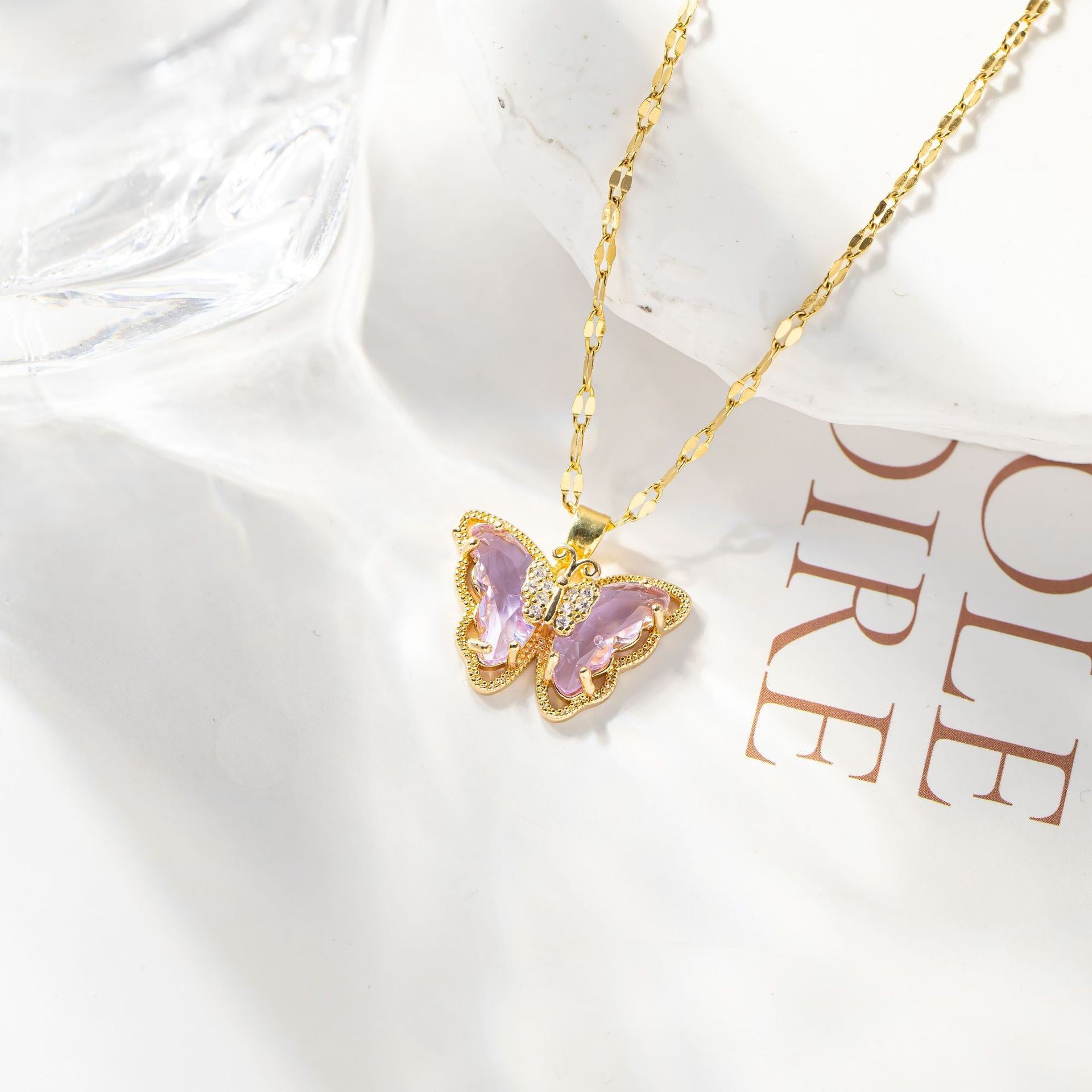 Wholesale Copper Gold Plated Micropaved Color Crystal Butterfly Titanium Steel Necklace