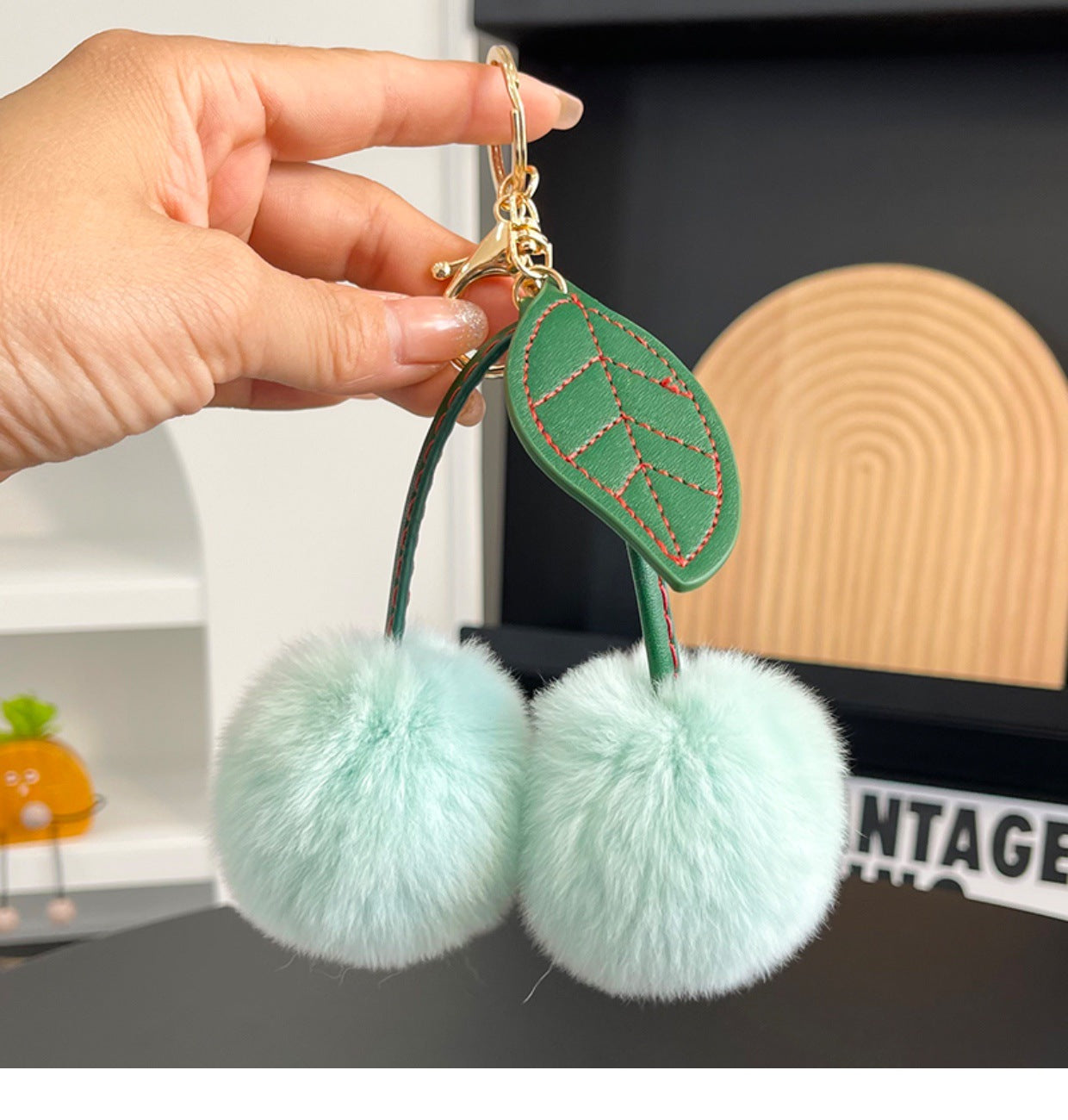 Wholesale Faux fur single leaf cherry plush pendant keychain