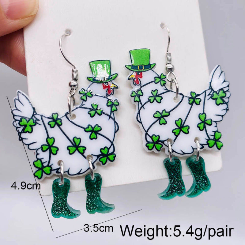 Wholesale St.  Patrick' s Day rooster and hen heart-shaped acrylic earrings