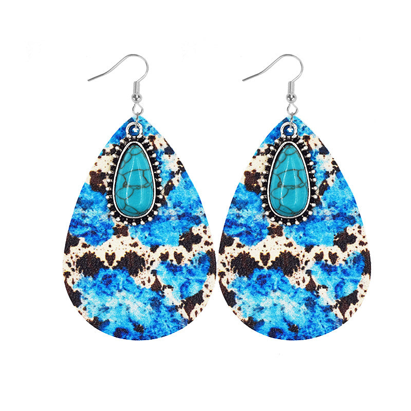 Wholesale Aztec Water Drop Alloy Turquoise Leather Earrings