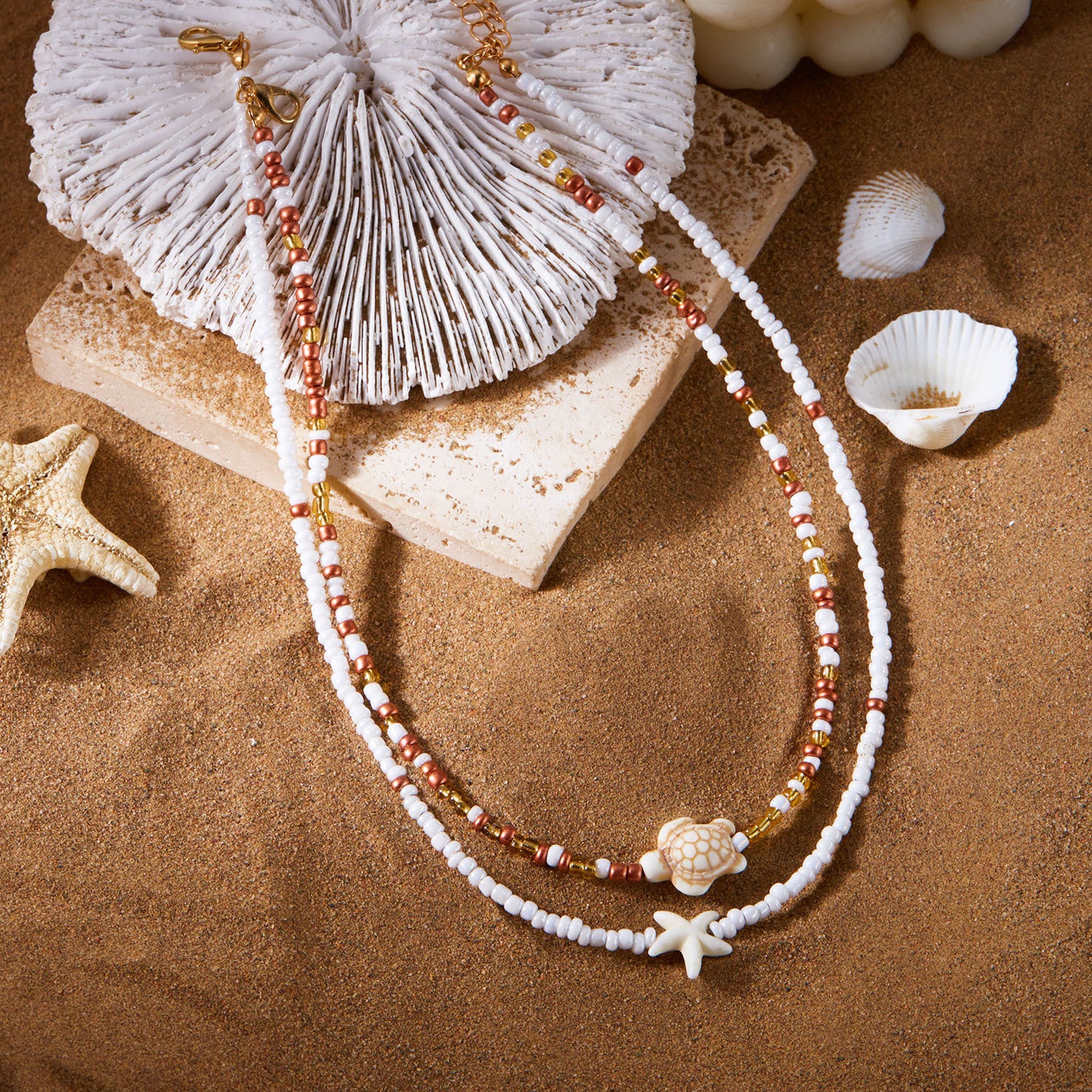 Wholesale Bohemian Starfish Colorful Rice Bead Necklace Set