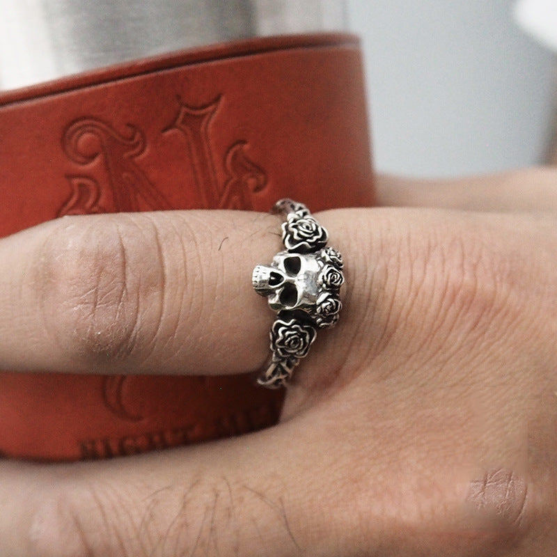 Wholesale Retro dark personality gothic black rose skull ring