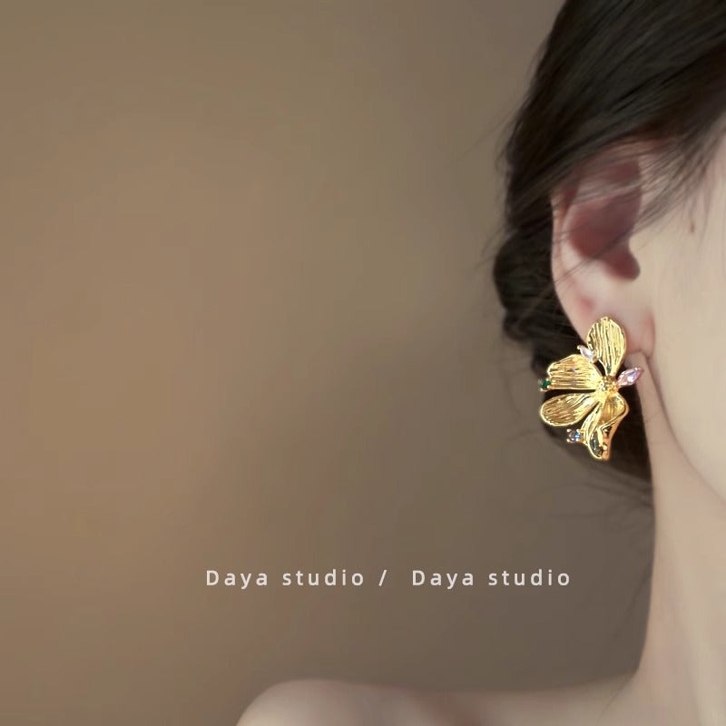Wholesale Gold-plated Color Zircon Metal Flower Earrings