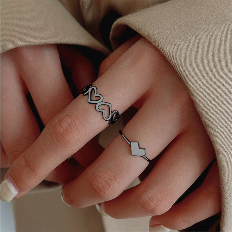 Wholesale 2-piece Set of Smooth Heart Hollow Alloy Rings