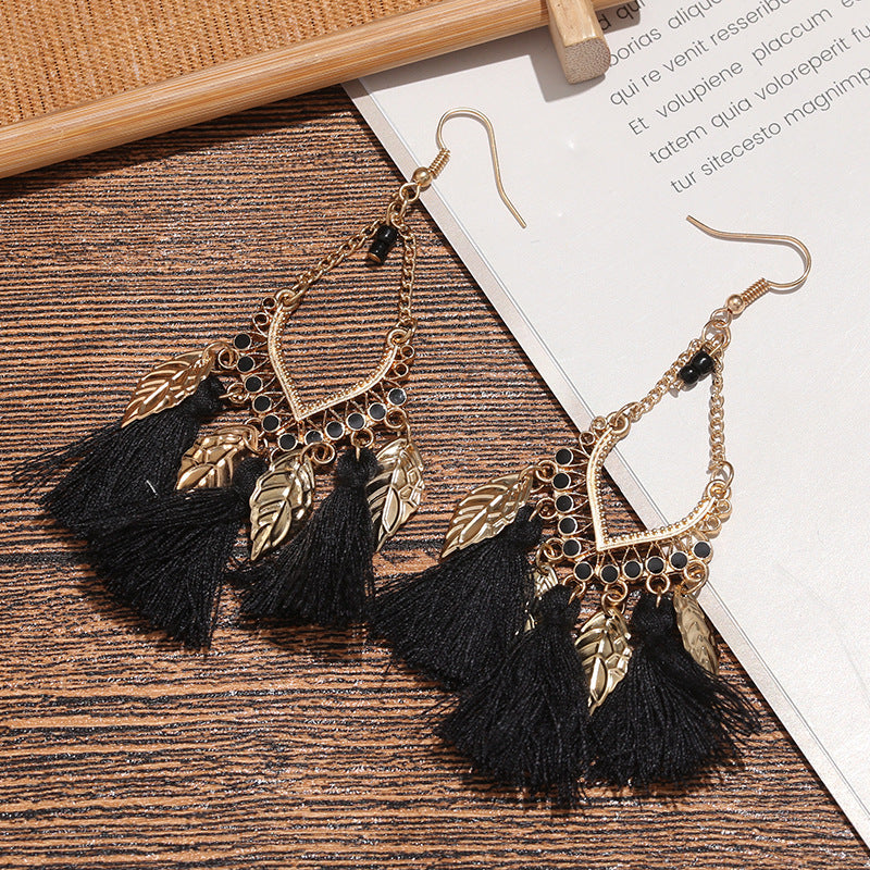 Wholesale Ethnic Style Tassel Metal Leaf Earrings