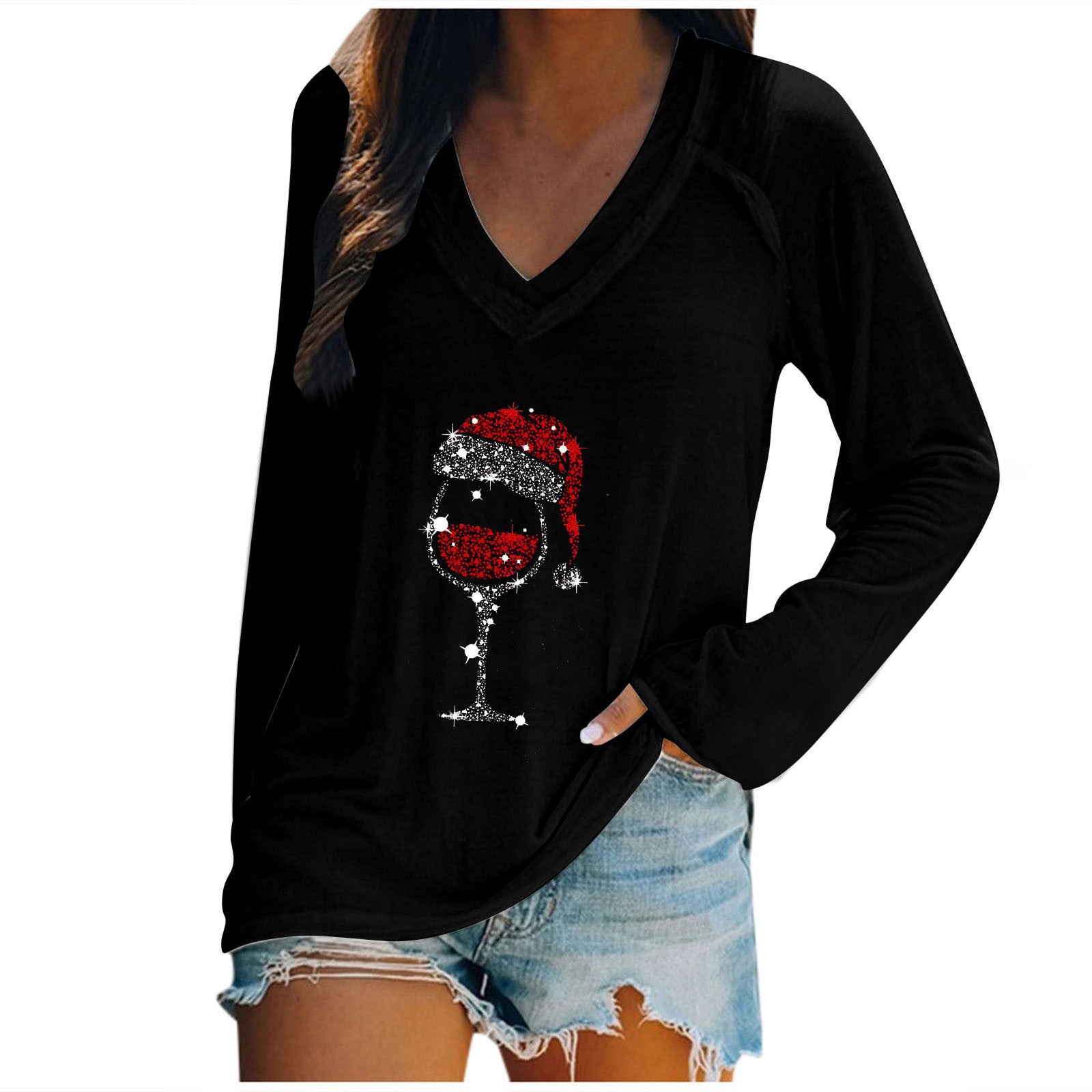 Wholesale Valentine's Day Long Sleeve Women's Long Sleeve Cup Printing Long Sleeve V-neck T-shirt