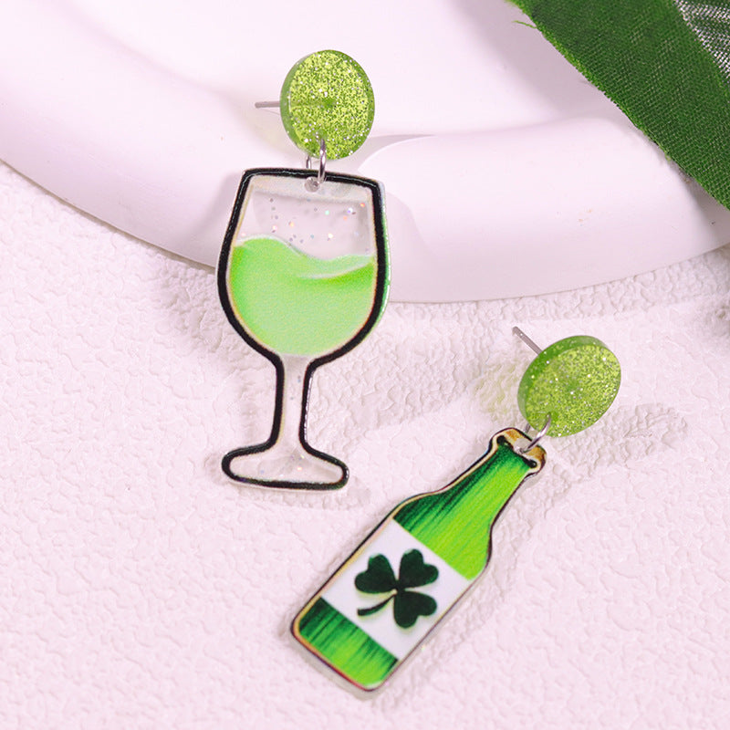 Wholesale St.  Patrick' s  Green AB Beer Acrylic  Clover Earrings