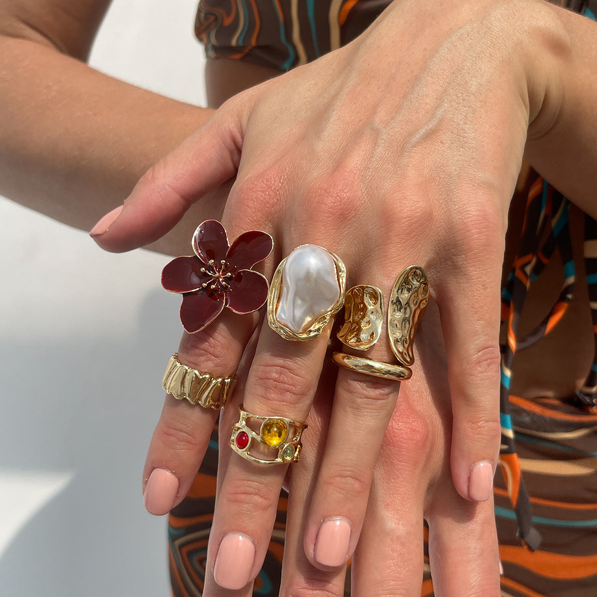 Wholesale  Design Liquid Lava Flower Open Ring Baroque  Pearl Inlaid Gemstone Ring