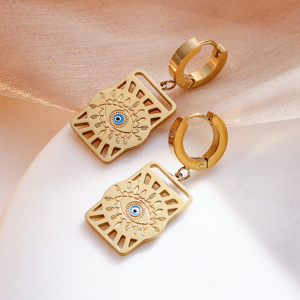Wholesale Titanium Steel Devil Eye Hollow Square Pendant Earrings