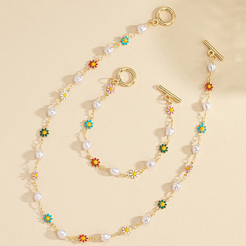 Wholesale Flower Heart Pearl Bracelet Necklace Set For Women Alloy Electroplated Trendy Gift Boutique Resale Fashion Jewelry