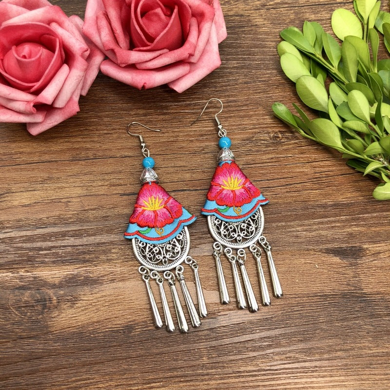 Wholesale Embroidered vintage fabric flower tassel earrings