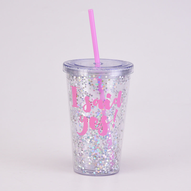 Wholesale  Water Cup 16oz Double Layer Plastic Suction Tube Cup Transparent Simple Sequin Plastic Cup