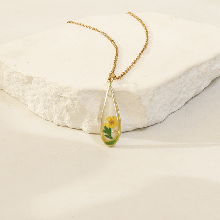 Wholesale 6pcs Resin Colored Dried Flower Pendant Water Drop Necklace