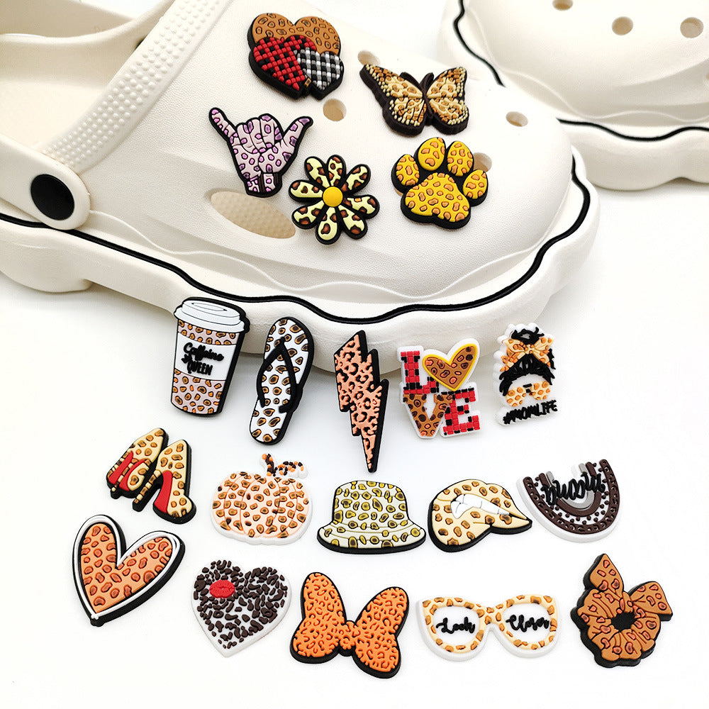 Wholesale Leopard Print Coffee Cup Dog Claw Love PVC Soft Adhesive Hole Shoes Buckles