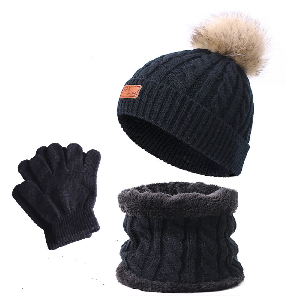 Wholesale Winter Baby Infant Child Warm Plus Velvet Thickened Scarf Pompom Hat Two-piece Set