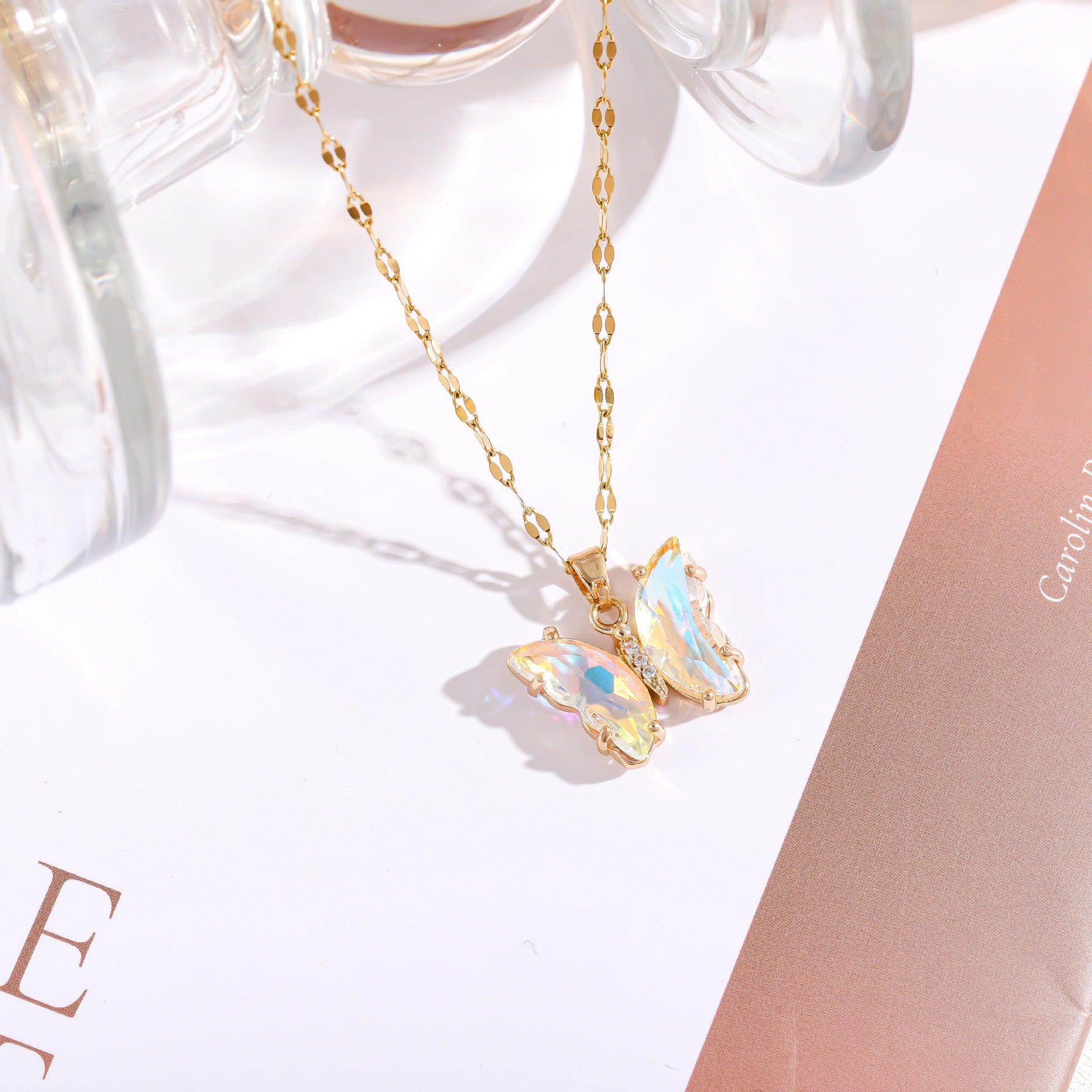 Wholesale Micropaved Zirconia Gradient Colorful Butterfly Necklace