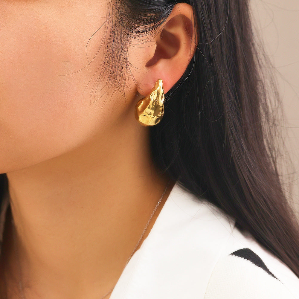 Wholesale Stainless Steel Electroplated Stripes Gold Glossy Water Drop Earrings