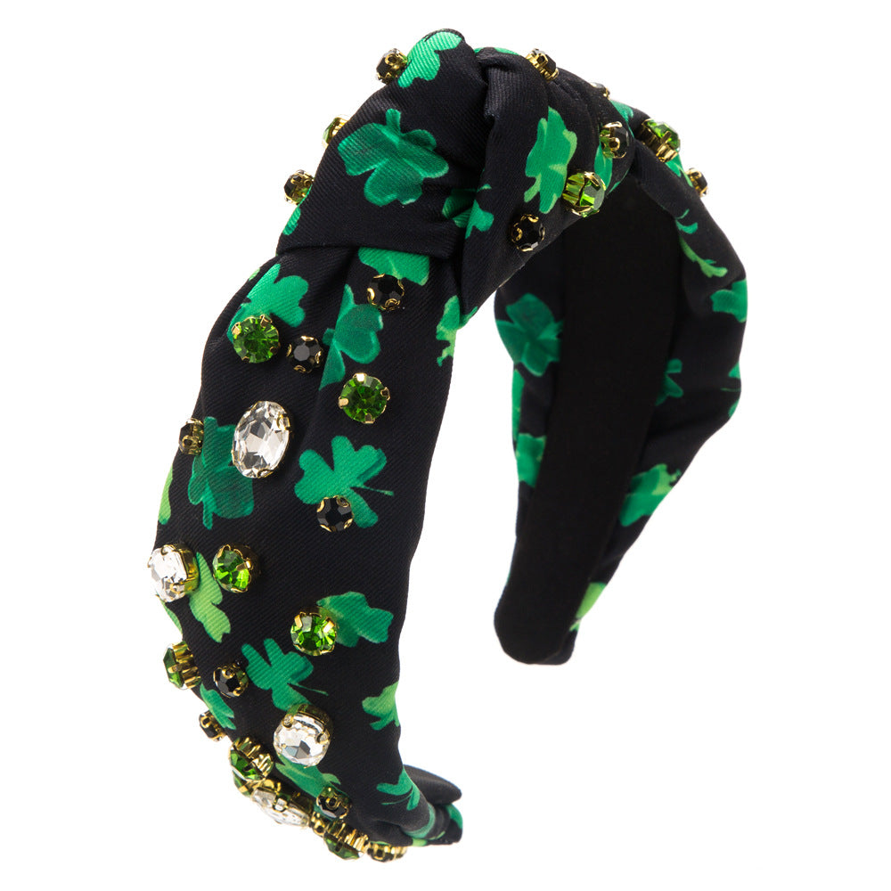 Wholesale Irish Festival Green Plaid Floral Fabric Hand-stitched Pearl Glass Diamond Headband