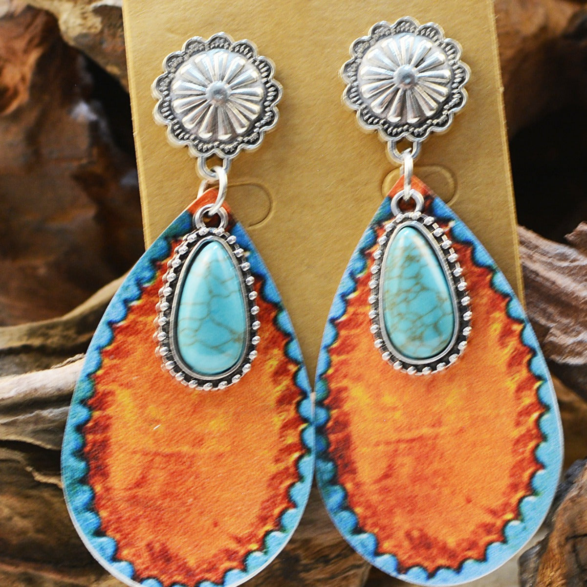 Wholesale Turquoise Alloy Inlaid Western Cowboy Earrings Horseshoe Zebra Leopard Print Cross  Earrings