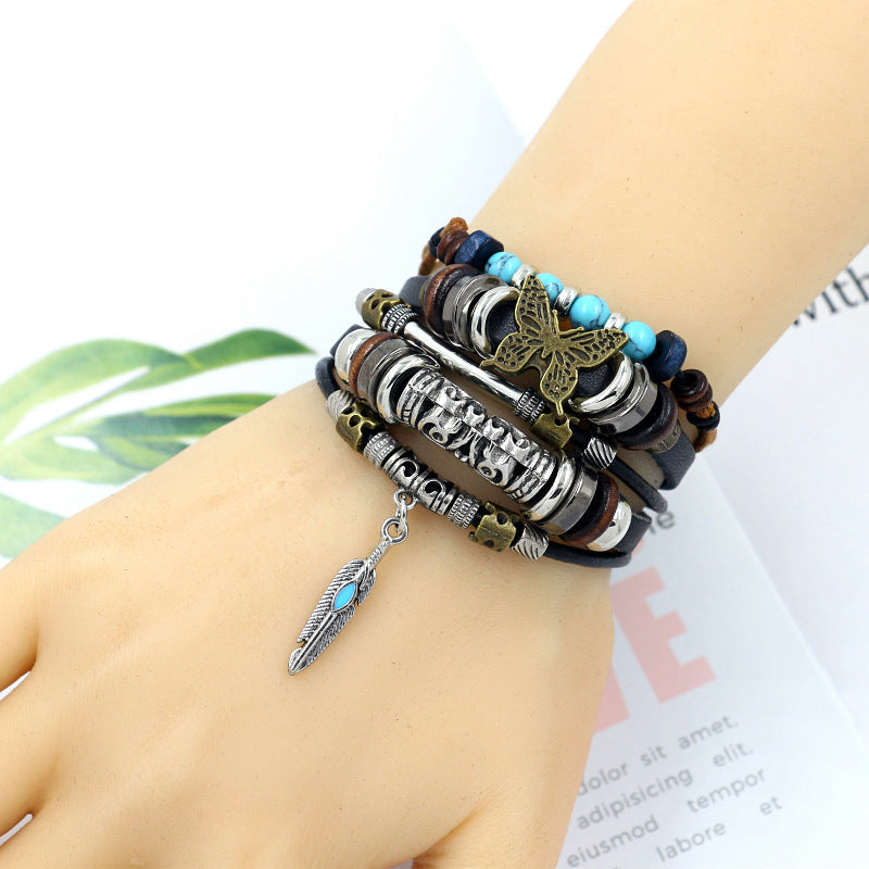 Wholesale Fashion Multi-layer Alloy Beaded Turquoise Braided Bracelet