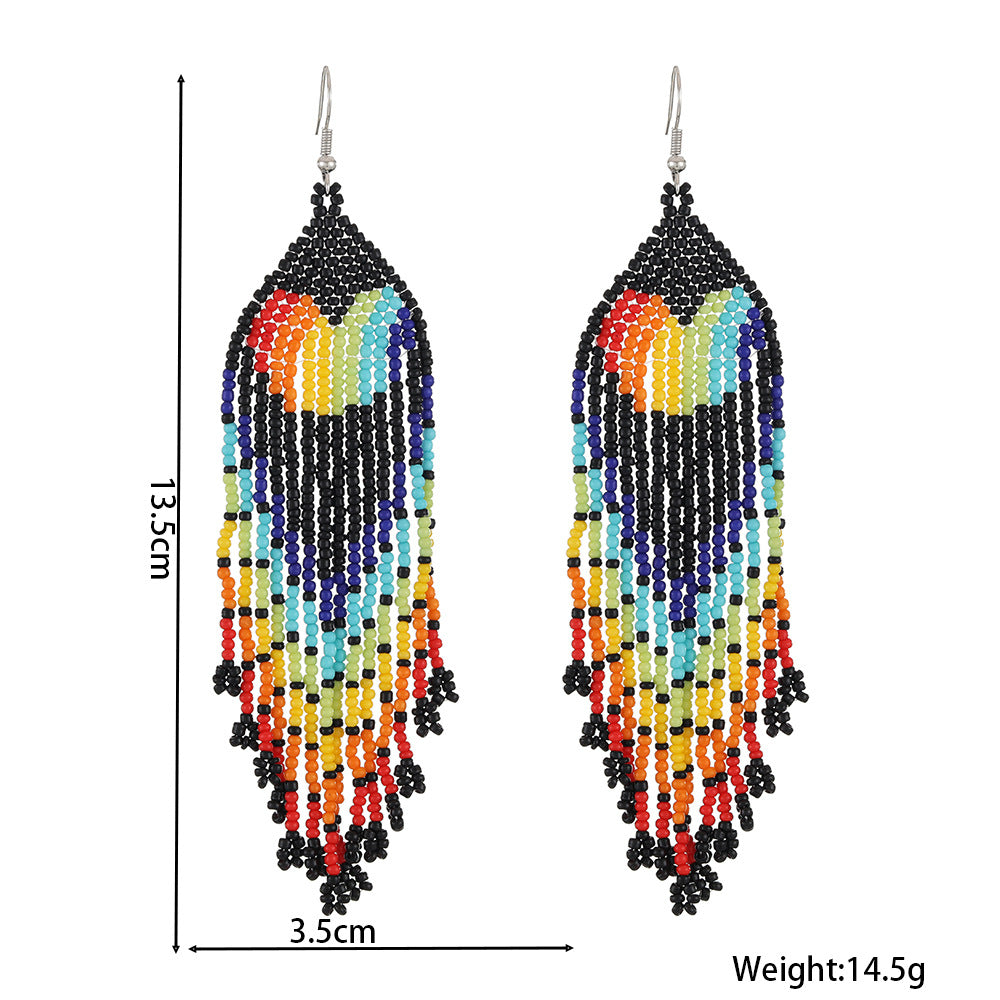Wholesale Bohemian Handwoven Rainbow Heart-shaped Rice Bead Tassel Earrings
