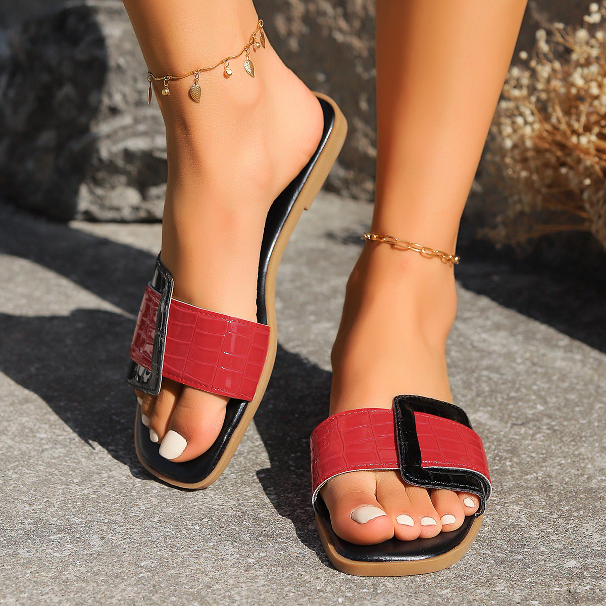 Wholesale Fangyou -shaped Stone Pattern Flat Bottom Casual Slippers