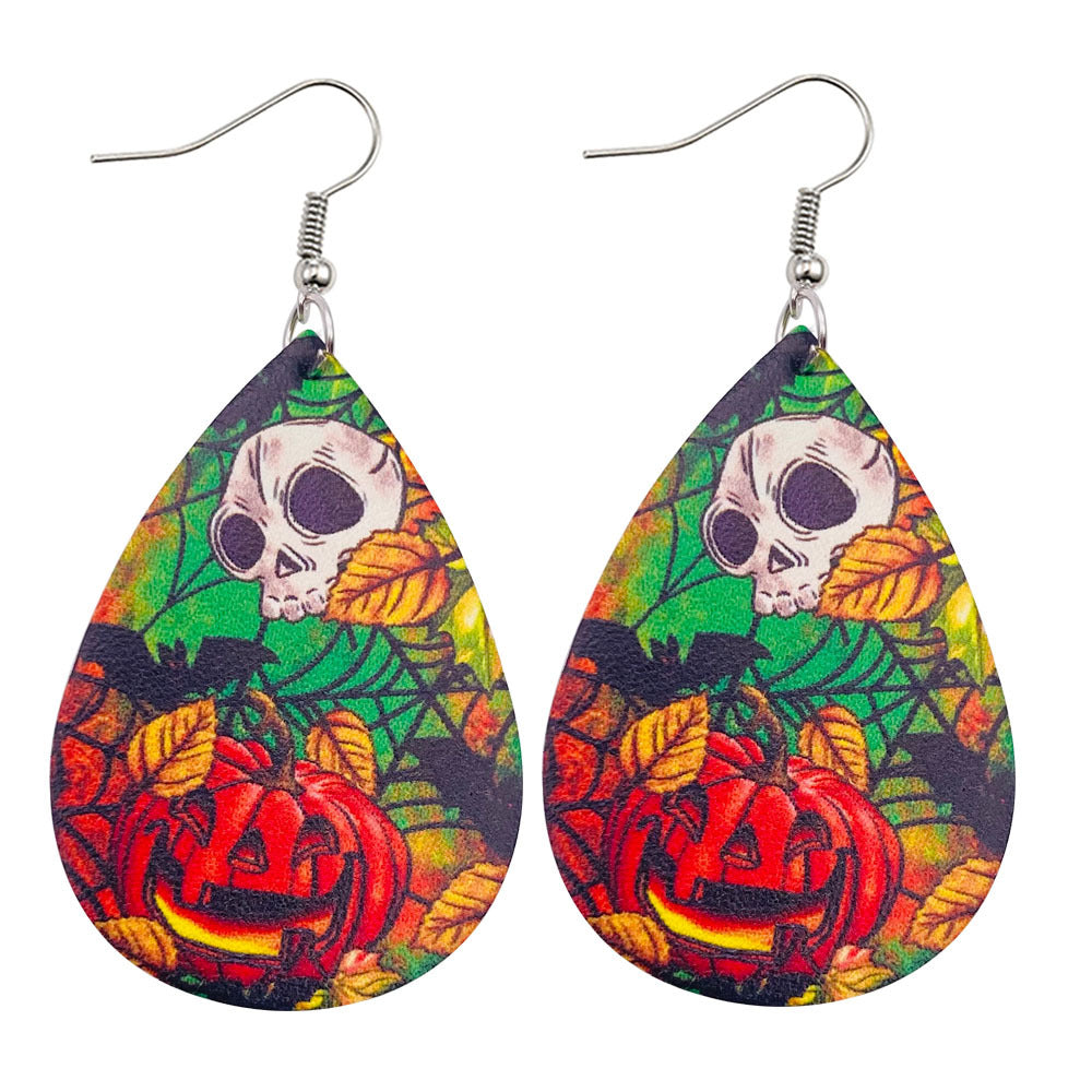 Pendientes de agua de cuero de doble cara al por mayor Halloween Floween Pendientes