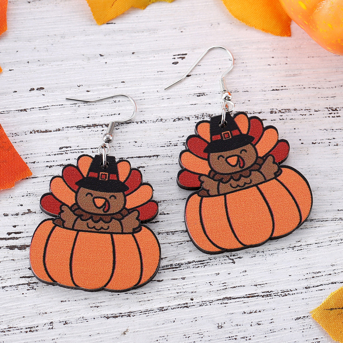 New Autumn Harvest Thanksgiving Turkey Pumpkin Funny Pendant Earrings Wooden Double-Sided Earrings Gift