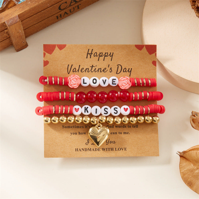 Wholesale Pink Love Valentine' s Day Layered Bracelet Set