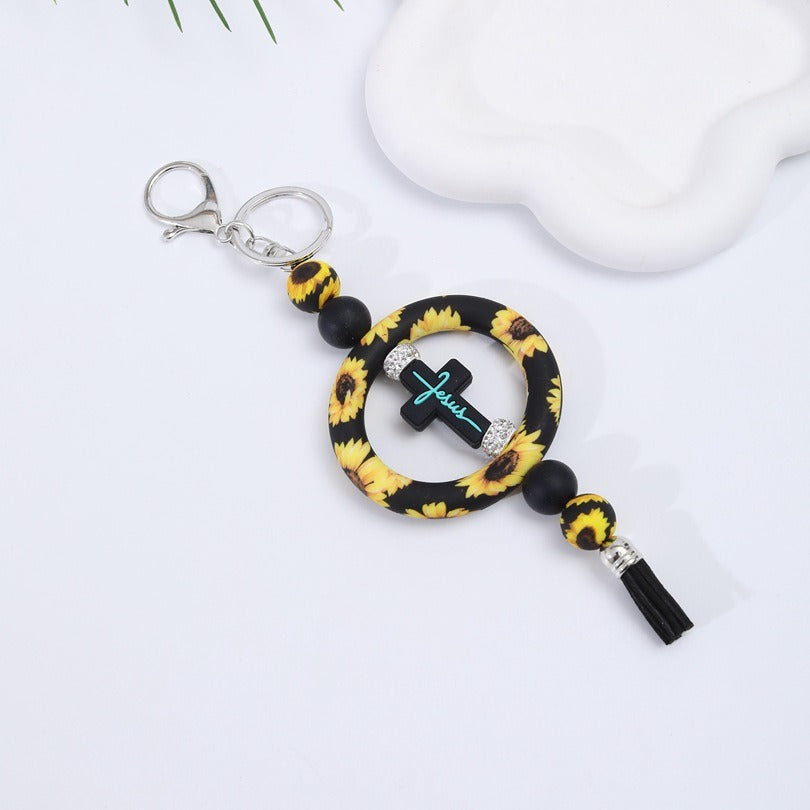 Wholesale Silicone Circle Beaded Ring Cross Printed Keychain